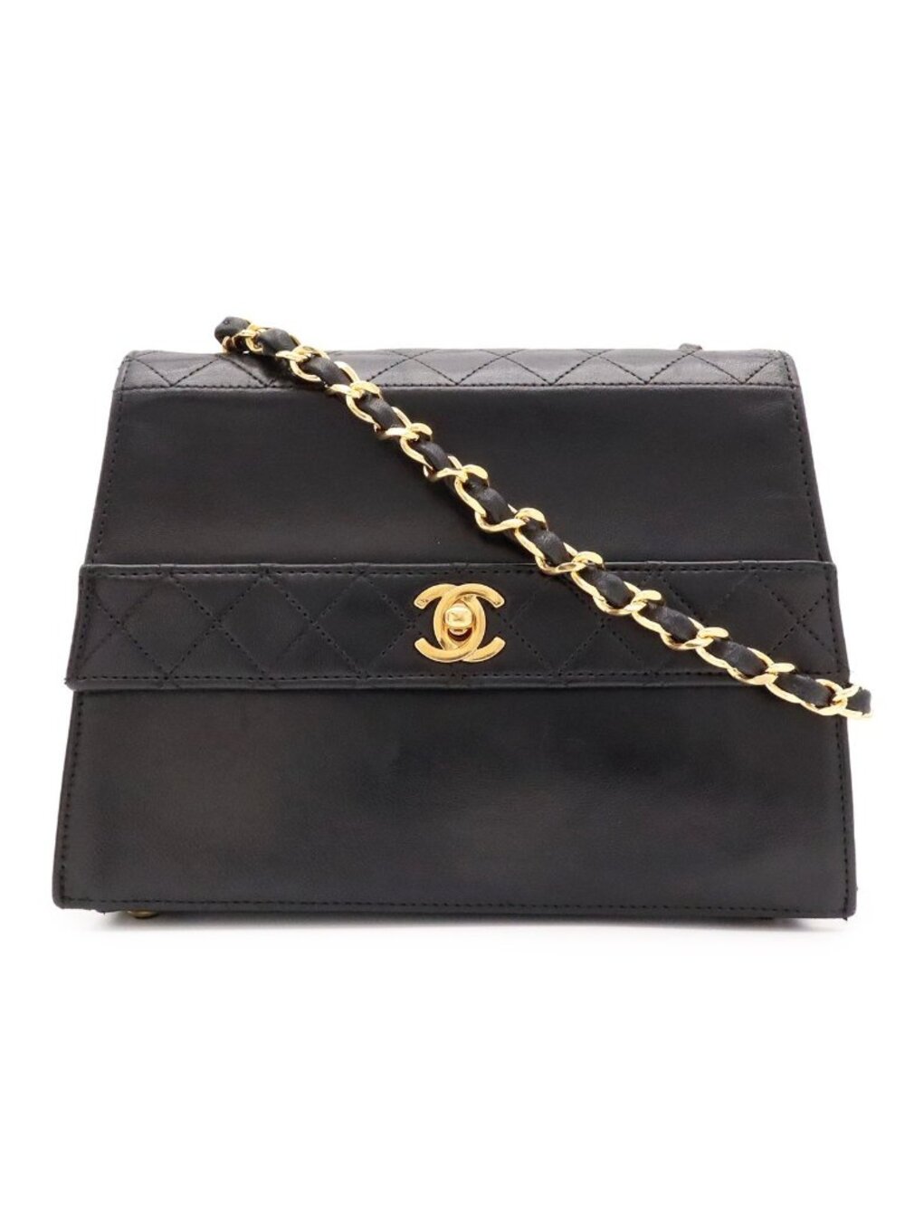 Chanel Quilted CC Logo Chain Shoulder Bag Pochette Leather Black Gold